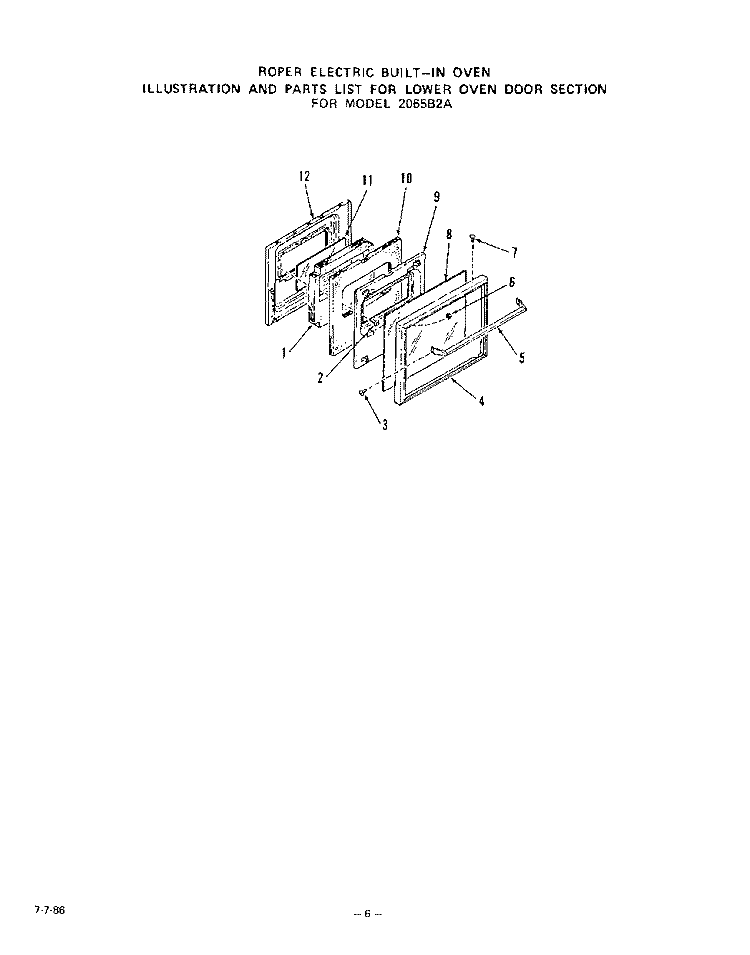 LOWER OVEN DOOR , LIT/OPTIONAL Diagram and Parts List for 2065B2A  Roper Range