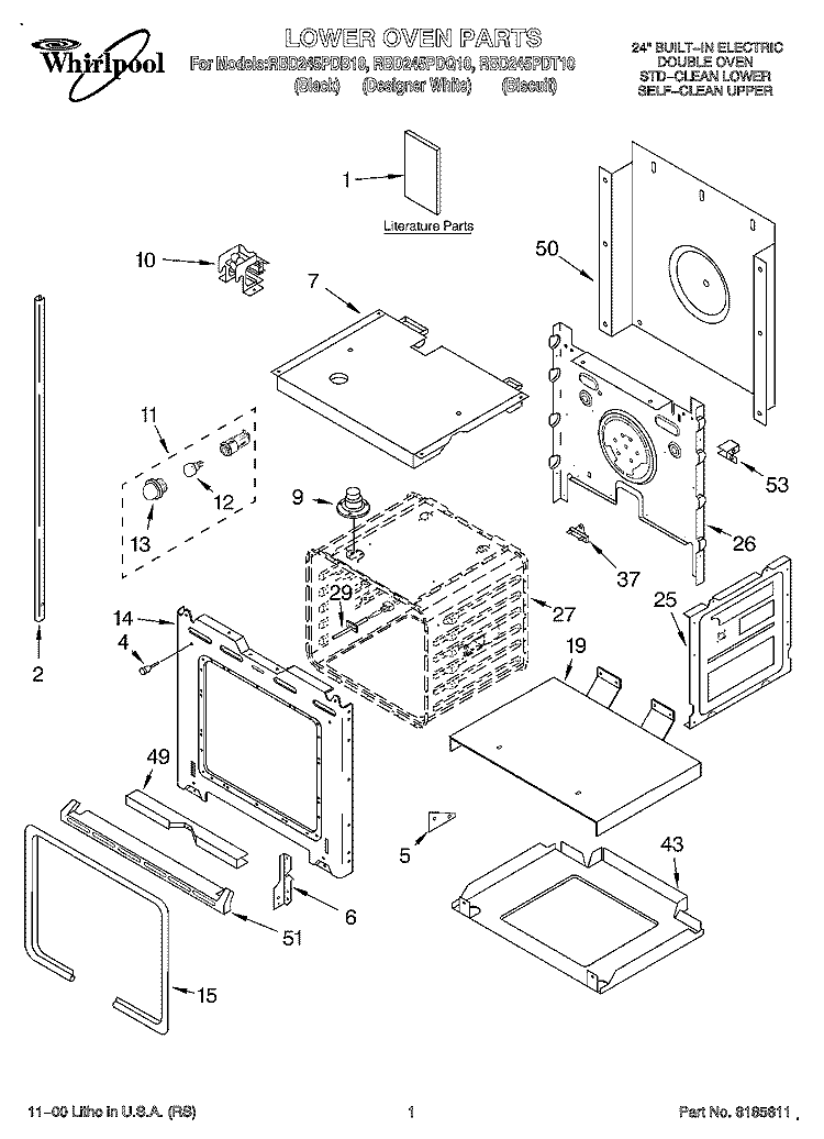 LOWER OVEN, LITERATURE Diagram and Parts List for RBD245PDT10  Whirlpool Wall Oven