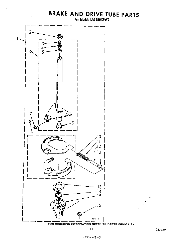 BRAKE AND DRIVE TUBE Diagram and Parts List for LA5590XPW0  Whirlpool Washer