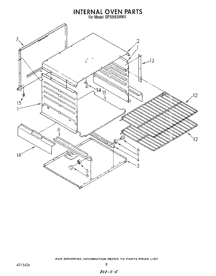 INTERNAL OVEN Diagram and Parts List for SF305ESRW5  Whirlpool Range