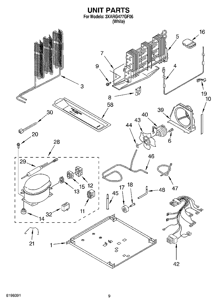 UNIT Diagram and Parts List for 3XARG477GF06  Whirlpool Refrigerator