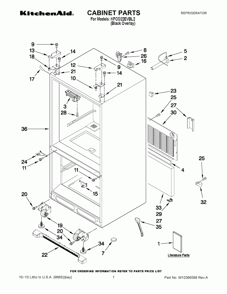 CABINET PARTS Diagram and Parts List for KFCO22EVBL2  KitchenAid Refrigerator