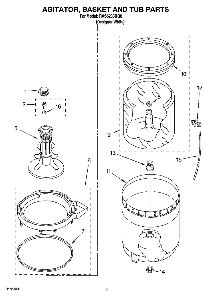 AGITATOR, BASKET AND TUB PARTS Diagram and Parts List for RAS6233RQ0  Roper Washer