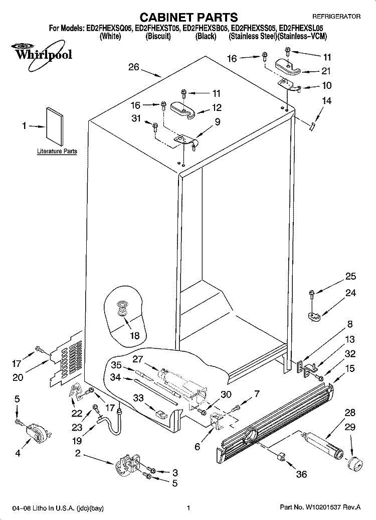 CABINET PARTS Diagram and Parts List for ED2FHEXST05  Whirlpool Refrigerator