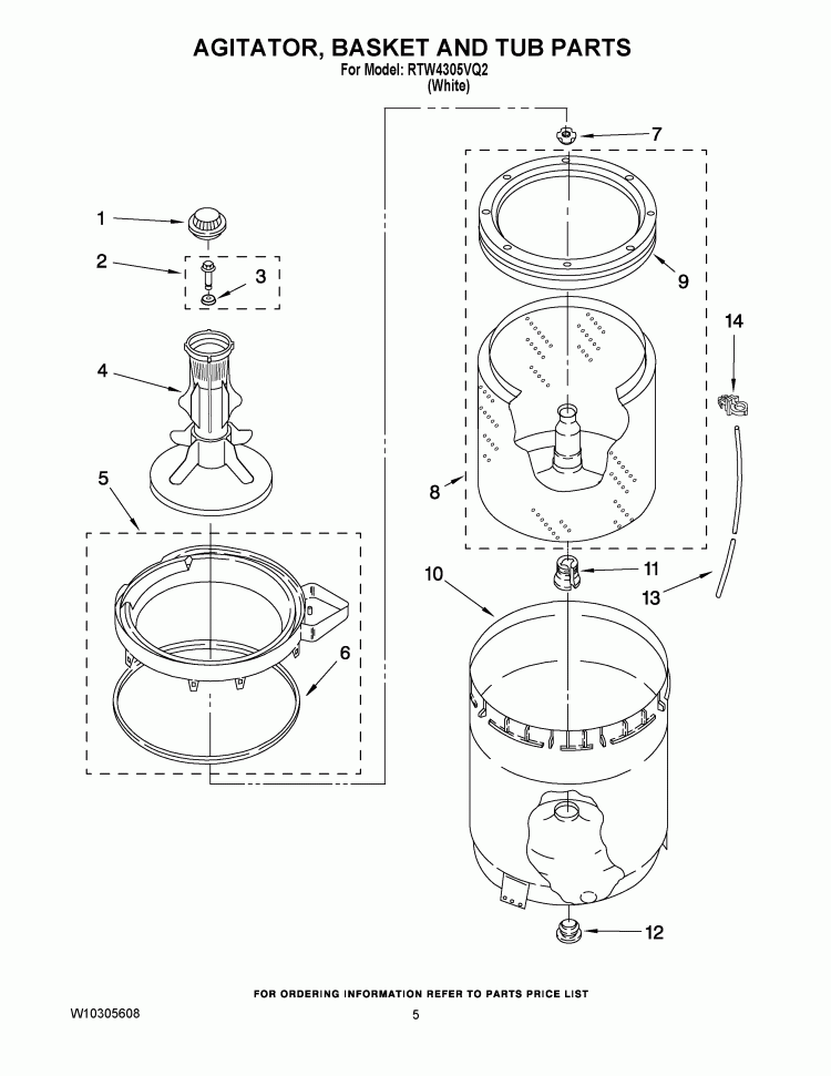 AGITATOR, BASKET AND TUB PARTS Diagram and Parts List for RTW4305VQ2  Roper Washer