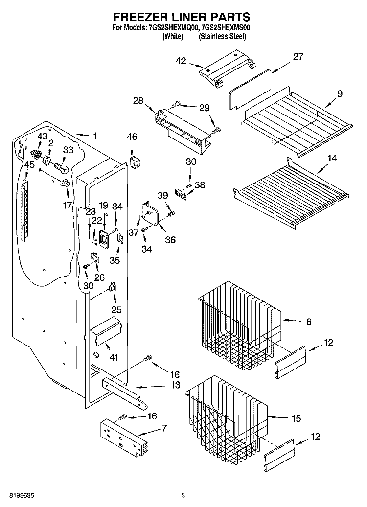 FREEZER LINER PARTS Diagram and Parts List for 7GS2SHEXMS00  Whirlpool Refrigerator