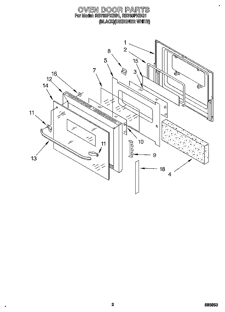 OVEN DOOR Diagram and Parts List for RB760PXBB1  Whirlpool Wall Oven