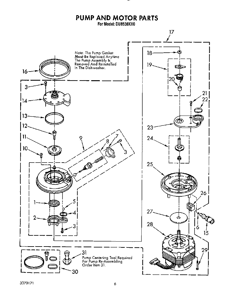 PUMP AND MOTOR Diagram and Parts List for DU8530XX0  Whirlpool Dishwasher