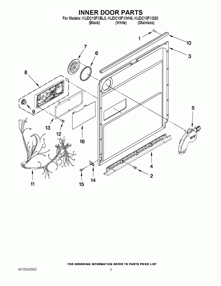 INNER DOOR PARTS Diagram and Parts List for KUDC10FXSS0  KitchenAid Dishwasher