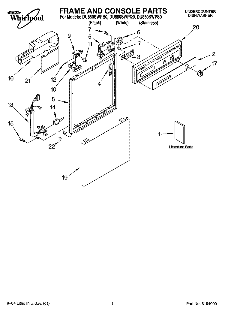 FRAME AND CONSOLE PARTS Diagram and Parts List for DU850SWPB0  Whirlpool Dishwasher