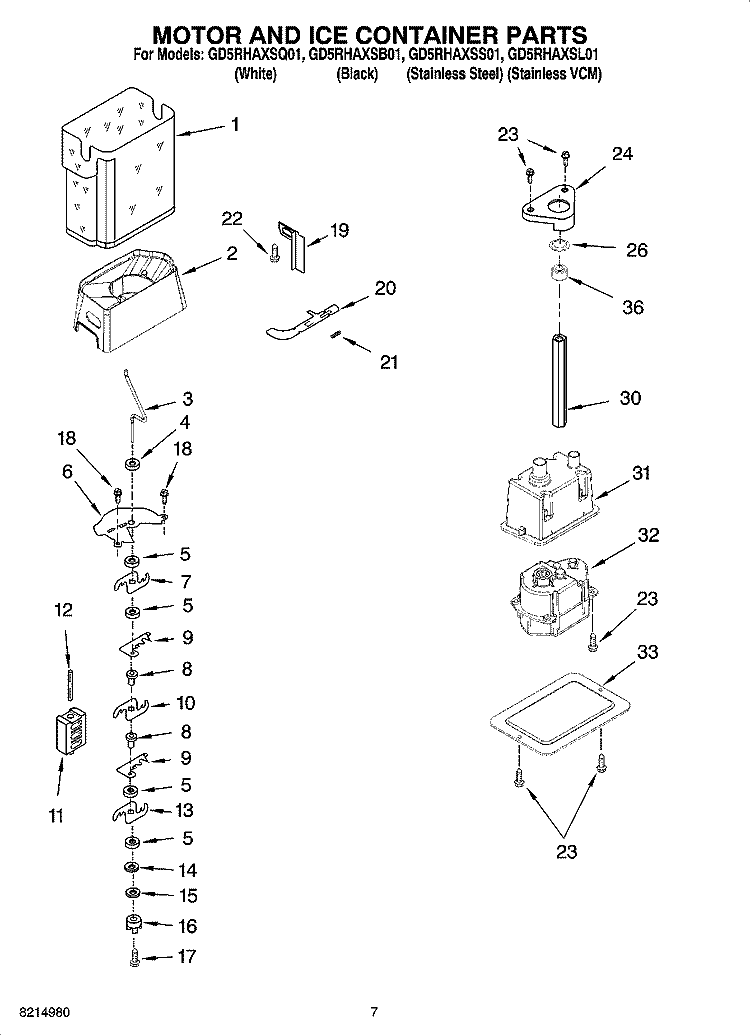 MOTOR AND ICE CONTAINER PARTS Diagram and Parts List for GD5RHAXSS01  Whirlpool Refrigerator