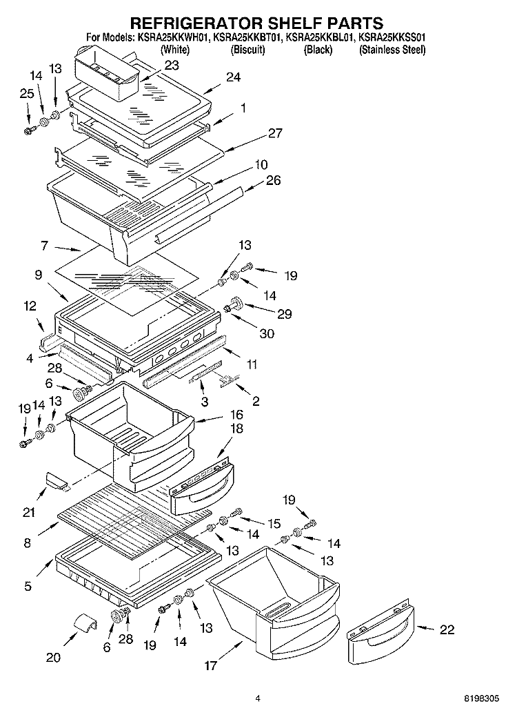 REFRIGERATOR SHELF PARTS Diagram and Parts List for KSRA25KKSS01  KitchenAid Refrigerator