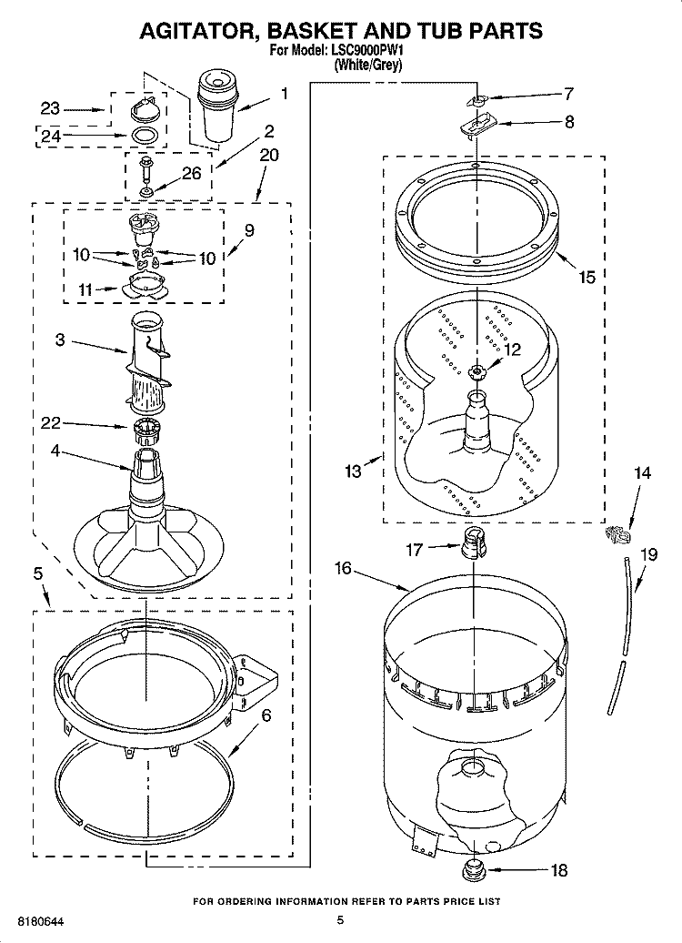 AGITATOR, BASKET AND TUB PARTS Diagram and Parts List for LSC9000PW1  Whirlpool Washer