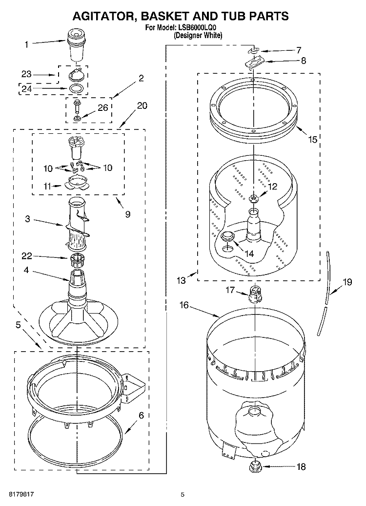 AGITATOR, BASKET AND TUB Diagram and Parts List for LSB6000LQ0  Whirlpool Washer