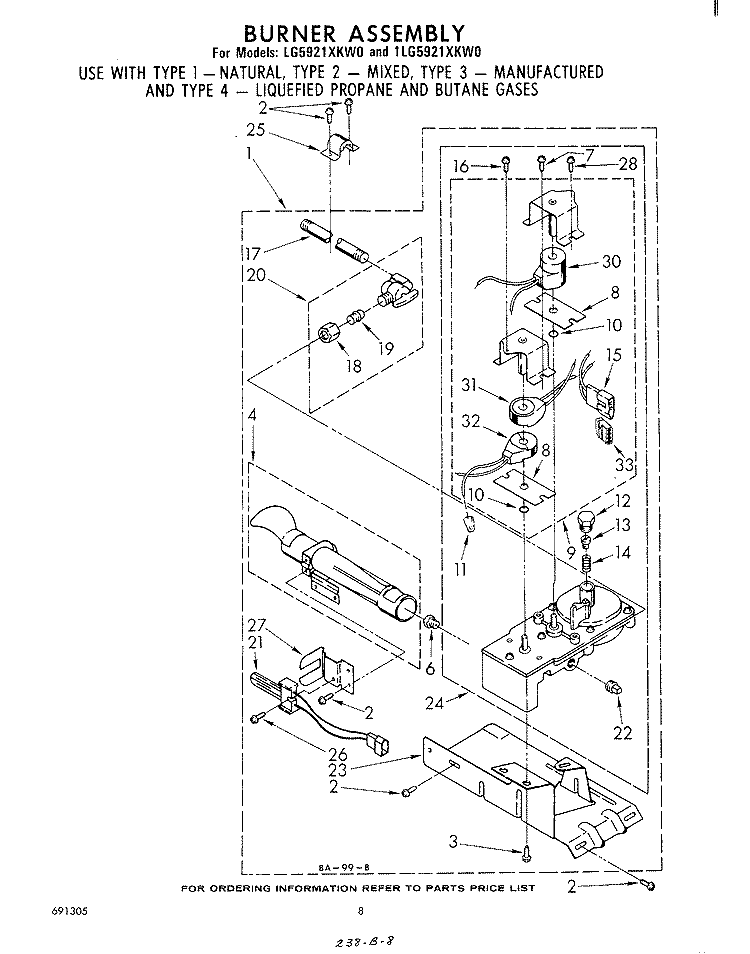 688637 BURNER Diagram and Parts List for 1LG5921XKW0  Whirlpool Dryer