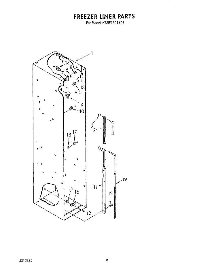 FREEZER LINER Diagram and Parts List for KSRF36DTX03  KitchenAid Refrigerator