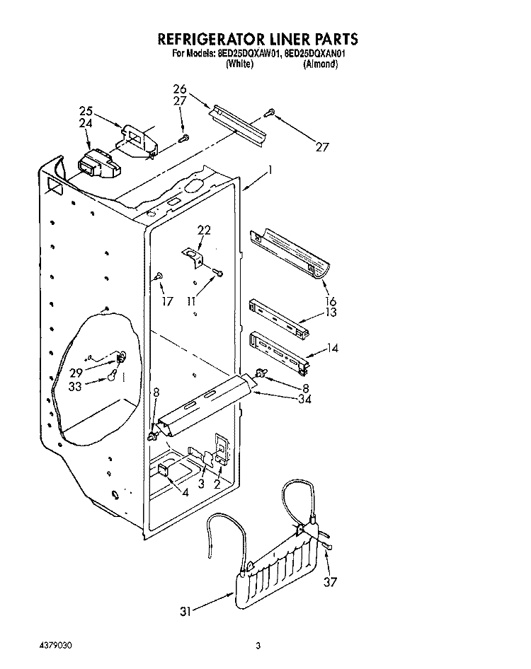 REFRIGERATOR LINER Diagram and Parts List for 8ED25DQXAN01  Whirlpool Refrigerator