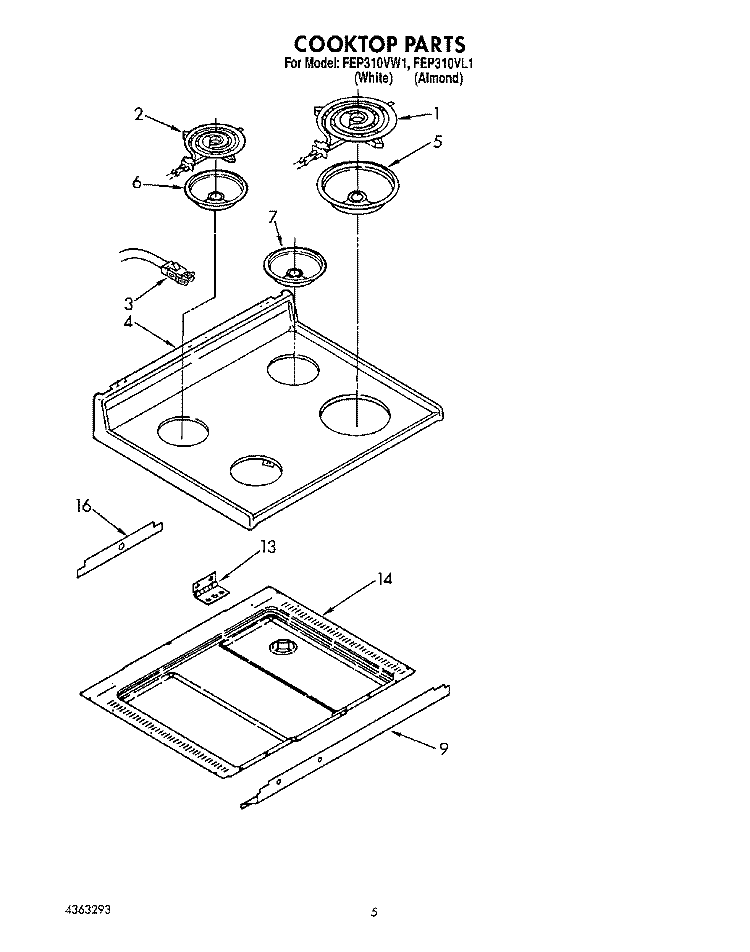 COOKTOP Diagram and Parts List for FEP310VL1  Roper Range