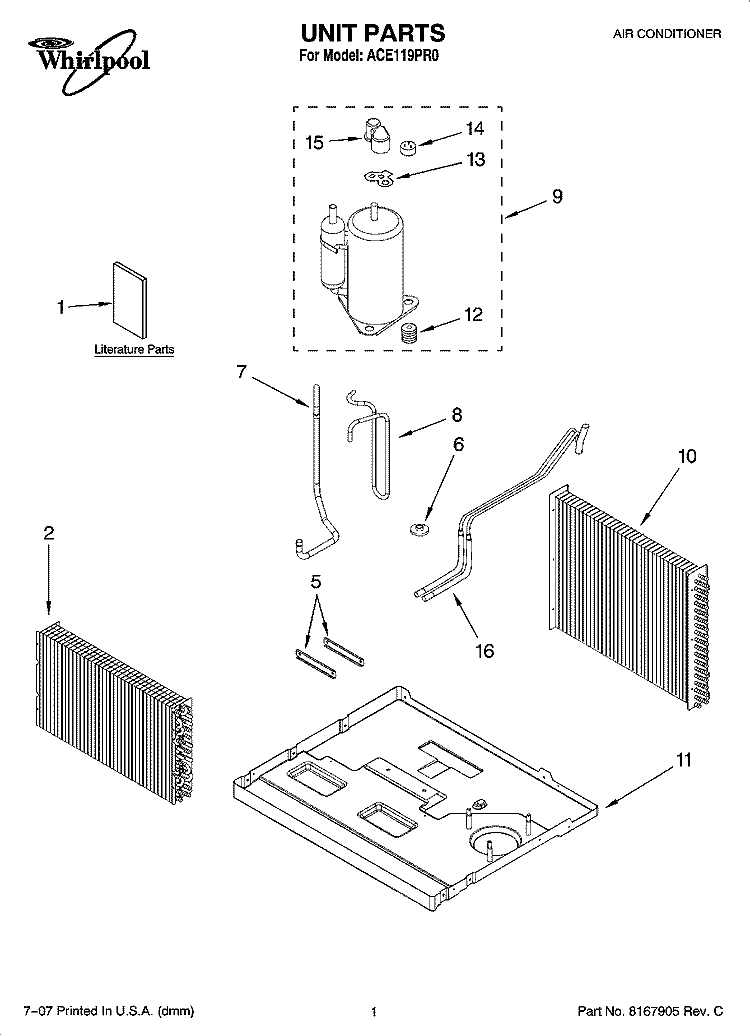 UNIT PARTS Diagram and Parts List for ACE119PR0  Whirlpool Air Conditioner