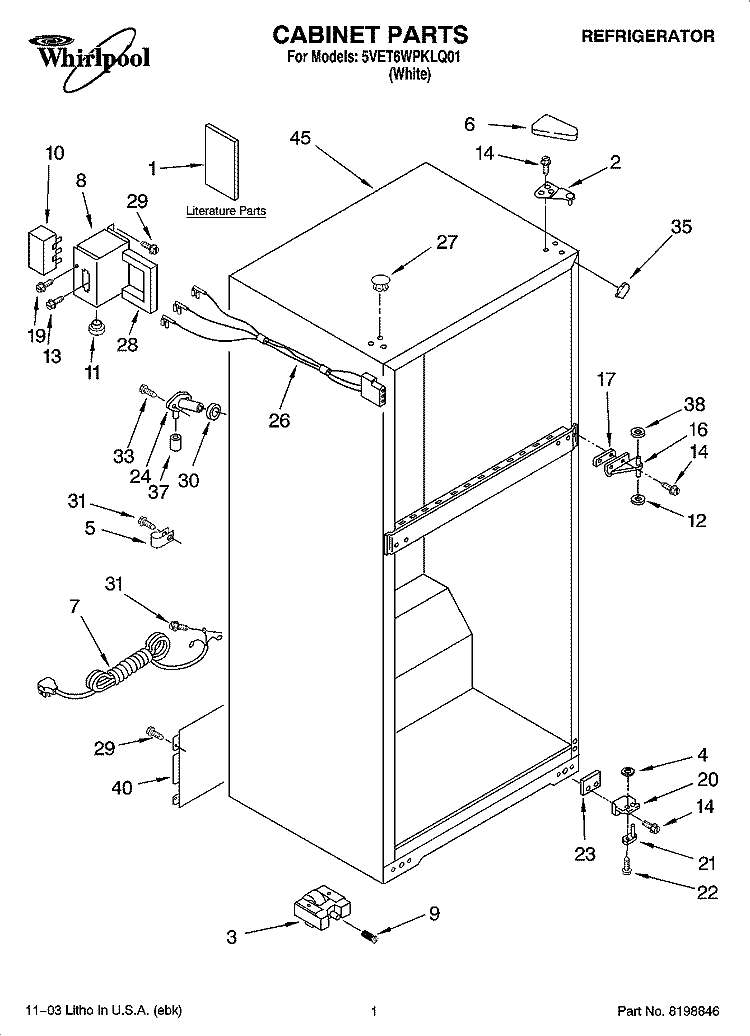 CABINET PARTS Diagram and Parts List for 5VET6WPKLQ01  Whirlpool Refrigerator