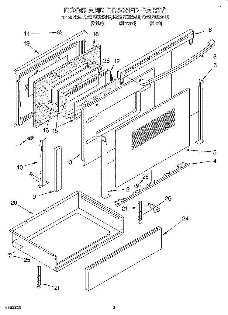 DOOR AND DRAWER Diagram and Parts List for KESC300BBL9  KitchenAid Range