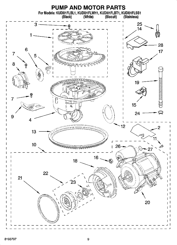 PUMP AND MOTOR PARTS Diagram and Parts List for KUDI01FLSS1  KitchenAid Dishwasher
