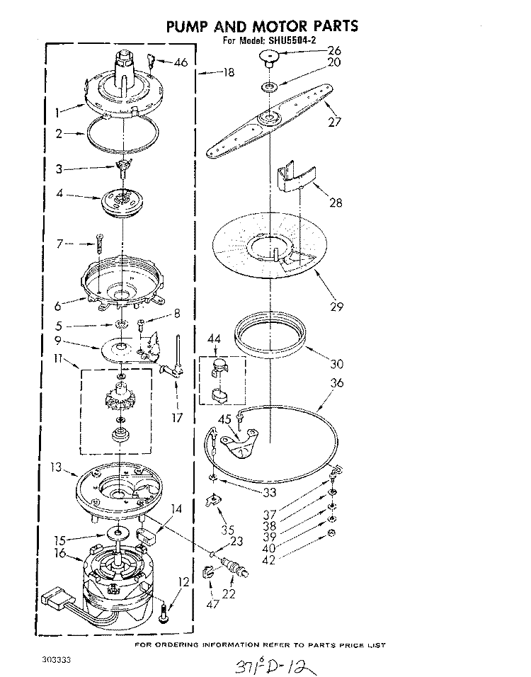 PUMP AND MOTOR Diagram and Parts List for SHU55042  Whirlpool Dishwasher