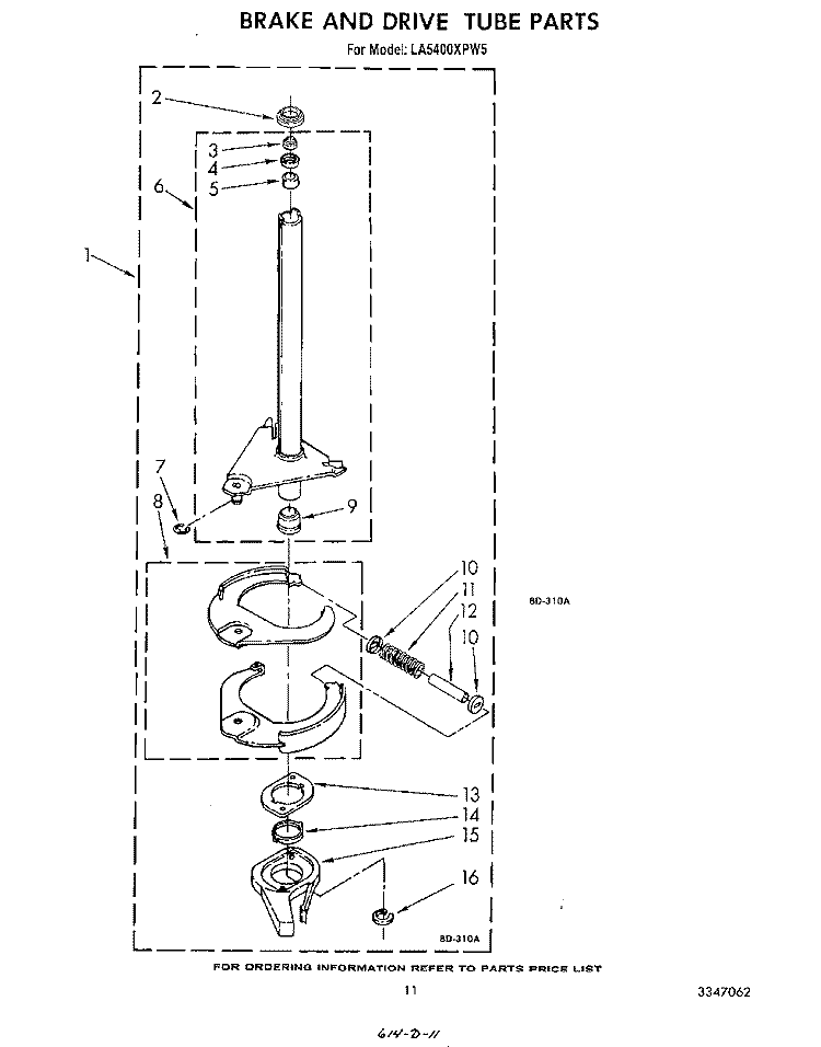 BRAKE AND DRIVE TUBE Diagram and Parts List for LA5400XPW5  Whirlpool Washer