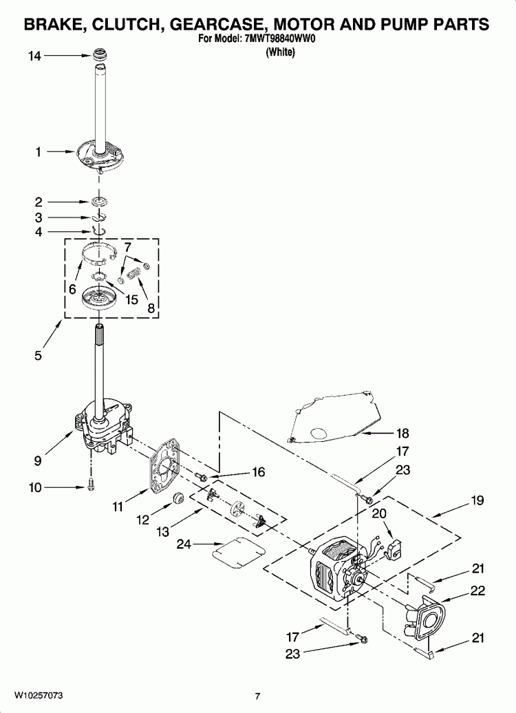 BRAKE, CLUTCH, GEARCASE, MOTOR AND PUMP PARTS Diagram and Parts List for 7MWT98840WW0  Whirlpool Washer