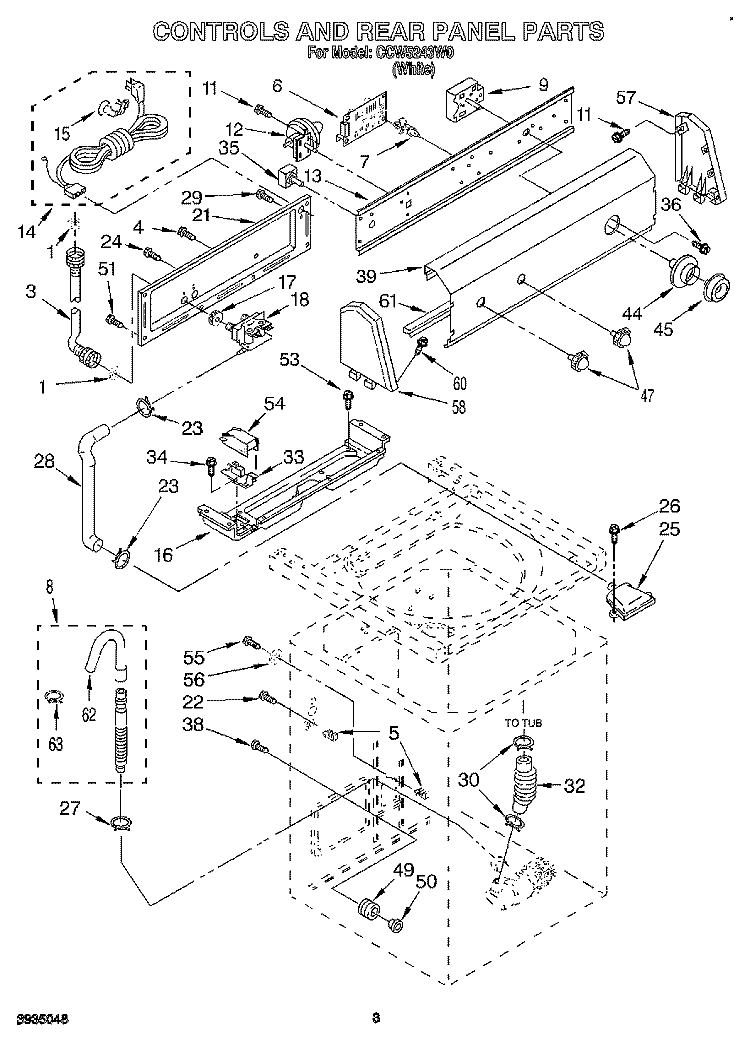CONTROLS AND REAR PANEL Diagram and Parts List for CCW5243W0  Whirlpool Washer