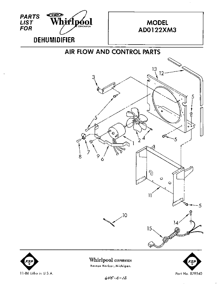 SECTION Diagram and Parts List for AD0122XM3  Whirlpool Dehumidifier