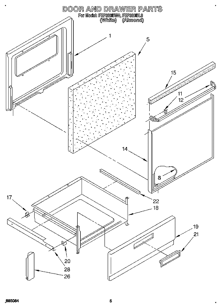 DOOR AND DRAWER Diagram and Parts List for FEP320BL0  Roper Range