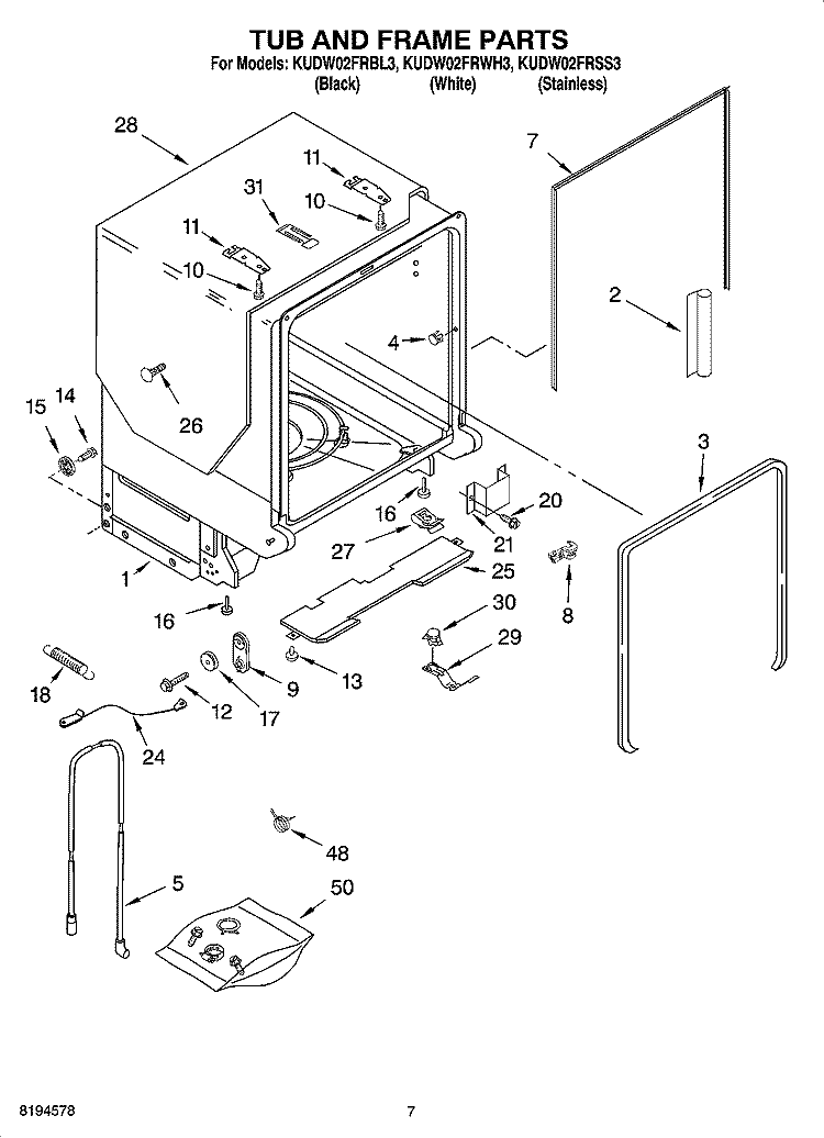 TUB AND FRAME PARTS Diagram and Parts List for KUDW02FRSS3  KitchenAid Dishwasher