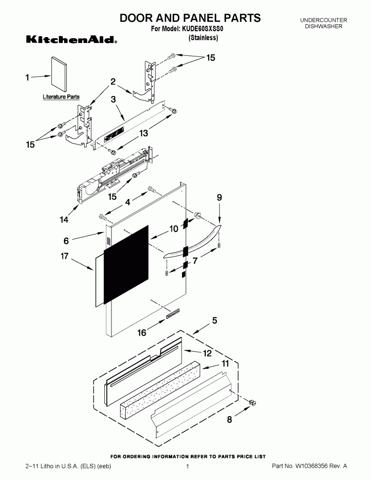 DOOR AND PANEL PARTS Diagram and Parts List for KUDE60SXSS0  KitchenAid Dishwasher