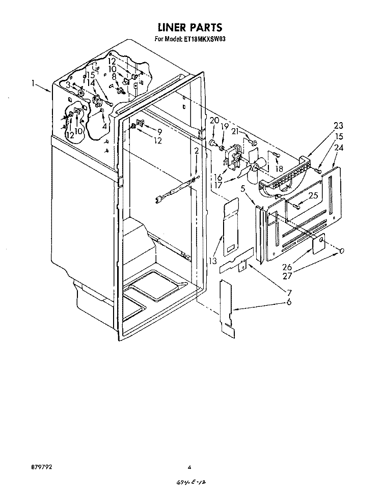 LINER Diagram and Parts List for ET18MKXSW03  Whirlpool Refrigerator