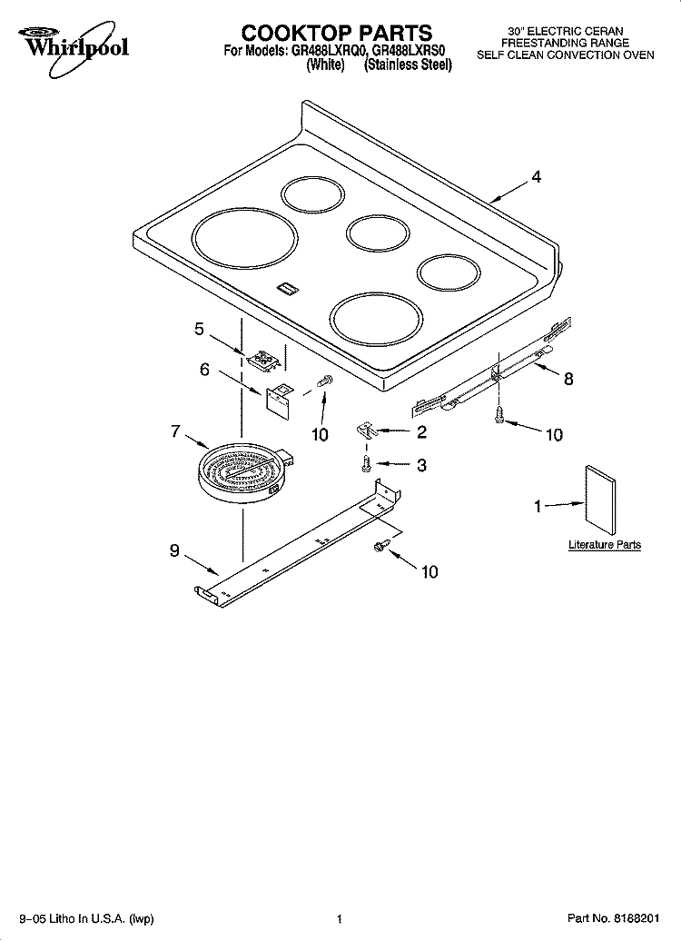 COOKTOP PARTS Diagram and Parts List for GR488LXRS0  Whirlpool Range