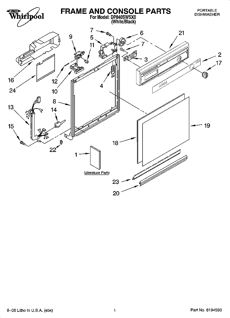FRAME AND CONSOLE PARTS Diagram and Parts List for DP840SWSX0  Whirlpool Dishwasher