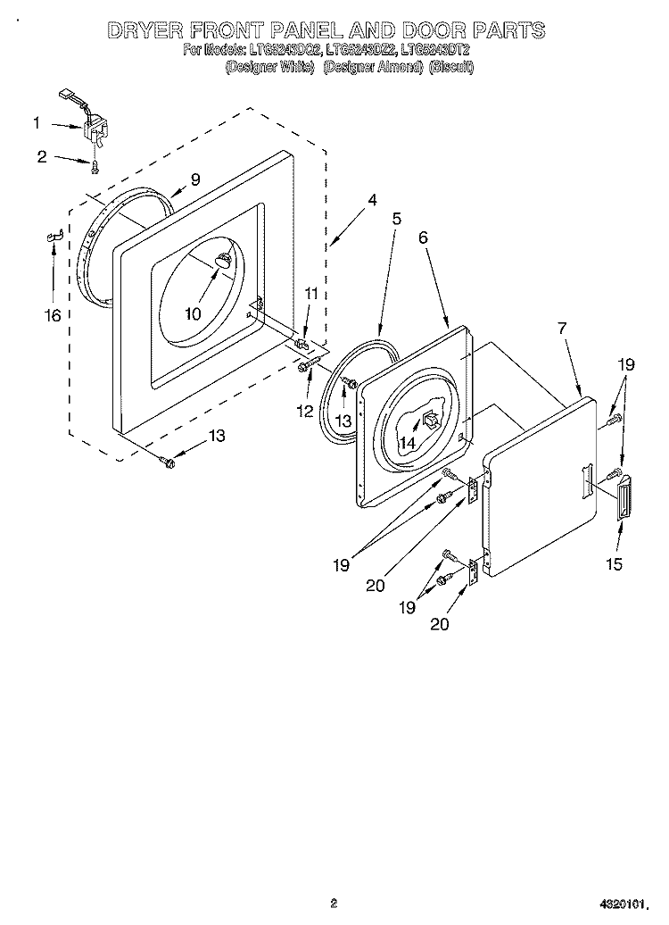 DRYER FRONT PANEL AND DOOR Diagram and Parts List for LTG5243DT2  Whirlpool Washer Dryer Combo