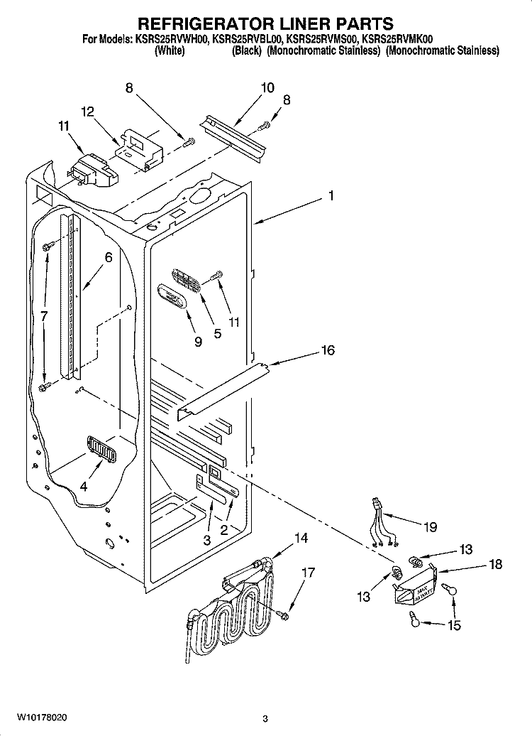 REFRIGERATOR LINER PARTS Diagram and Parts List for KSRS25RVMS00  KitchenAid Refrigerator
