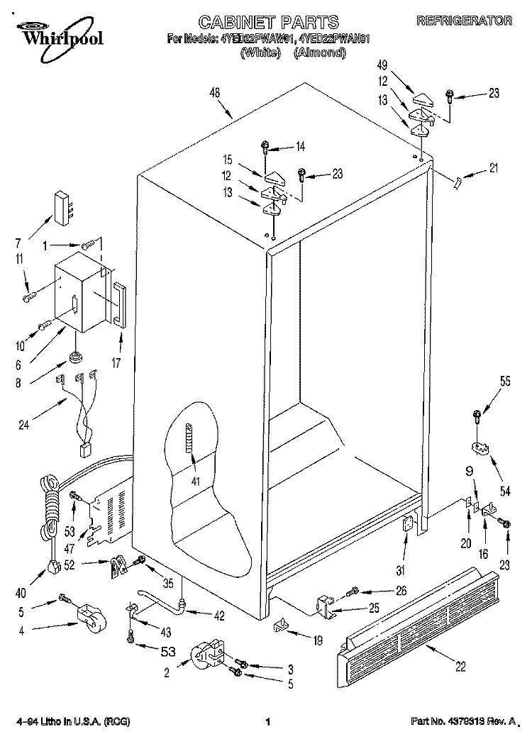CABINET Diagram and Parts List for 4YED22PWAW01  Whirlpool Refrigerator