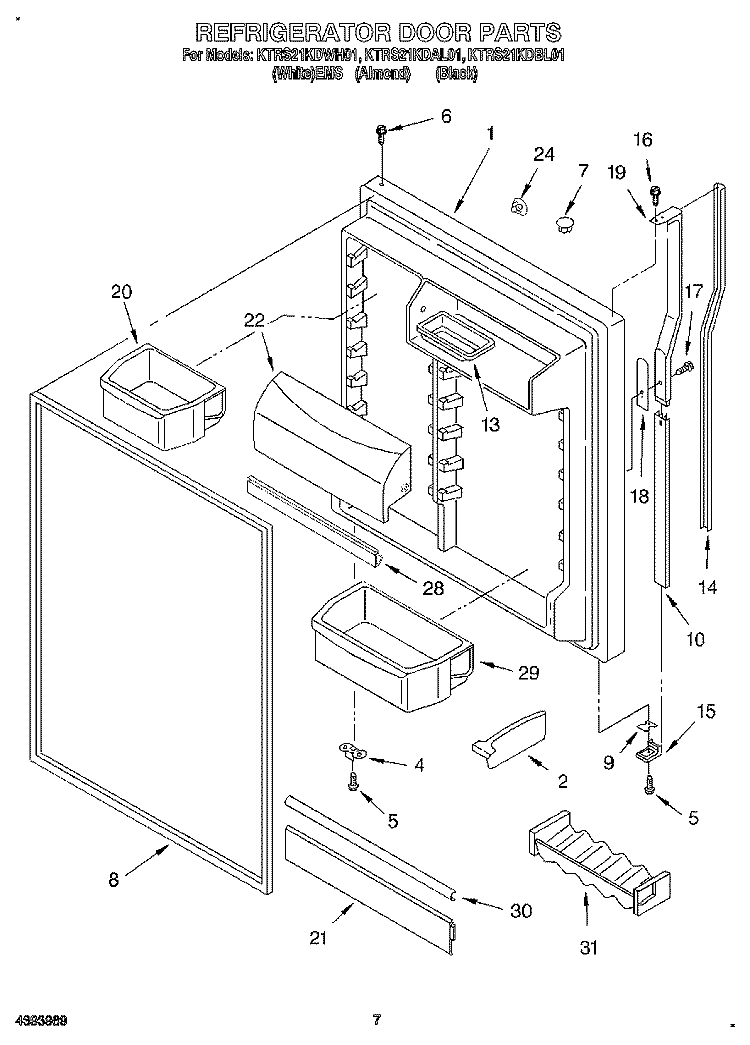 REFRIGERATOR DOOR Diagram and Parts List for KTRS21KDAL01  KitchenAid Refrigerator