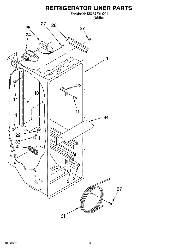 REFRIGERATOR LINER PARTS Diagram and Parts List for SS25AFXLQ01  Whirlpool Refrigerator