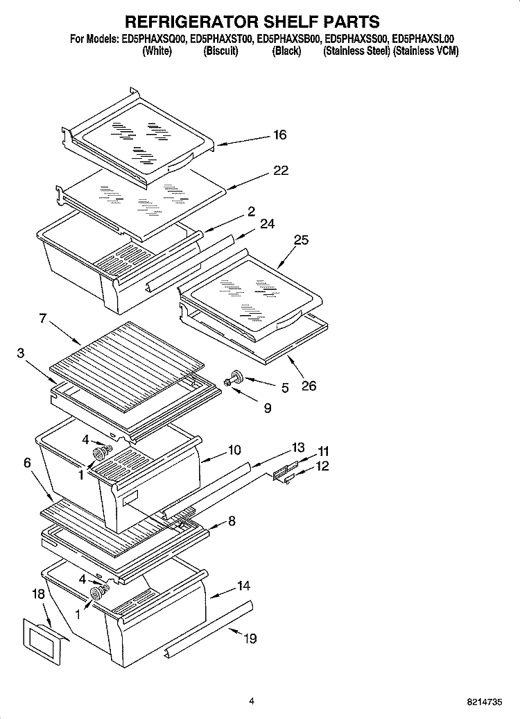 REFRIGERATOR SHELF PARTS Diagram and Parts List for ED5PHAXSL00  Whirlpool Refrigerator