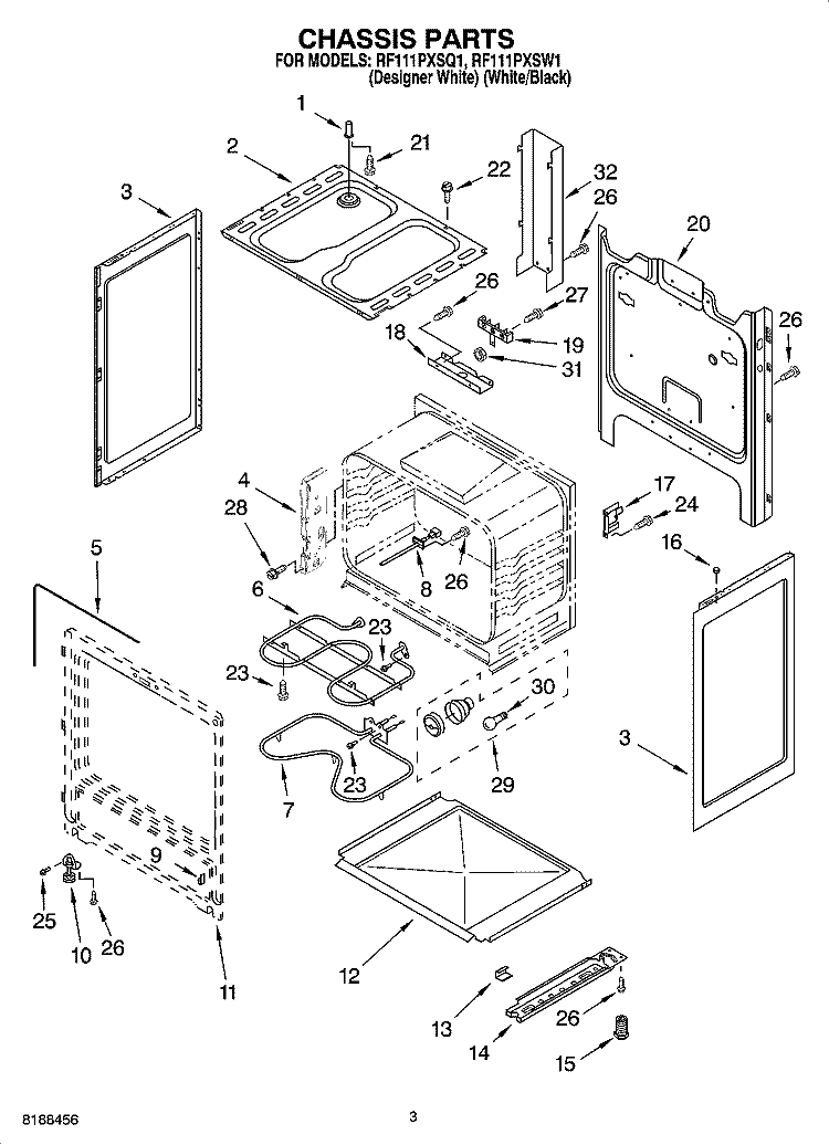 CHASSIS PARTS Diagram and Parts List for RF111PXSQ1  Whirlpool Range