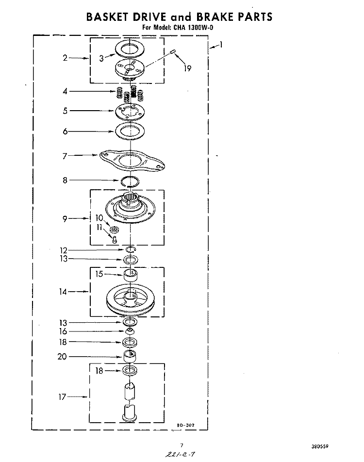 BASKETDRIVE AND BRAKE Diagram and Parts List for CHA1300W0  Whirlpool Washer