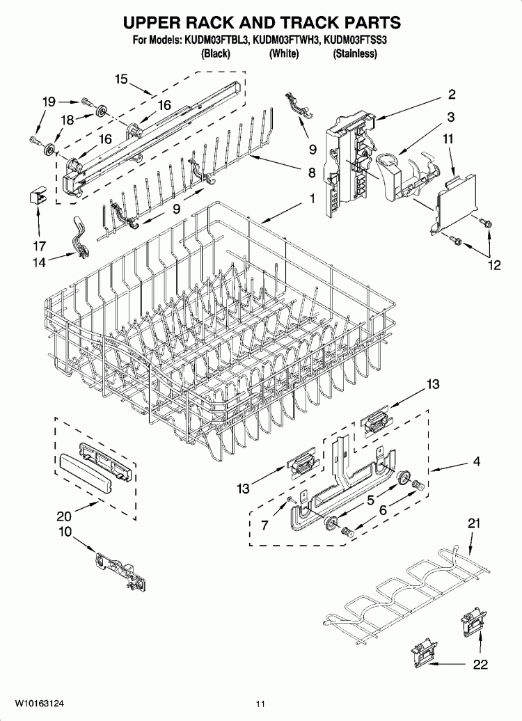 UPPER RACK AND TRACK PARTS Diagram and Parts List for KUDM03FTBL3  KitchenAid Dishwasher