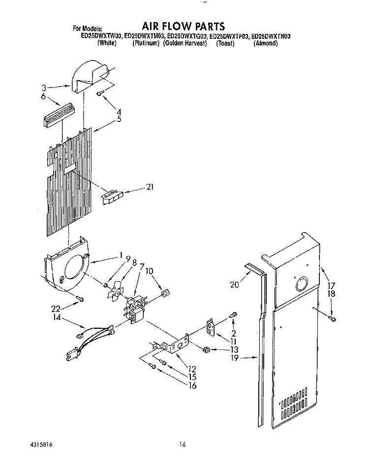 AIR FLOW Diagram and Parts List for ED25DWXTW03  Whirlpool Refrigerator