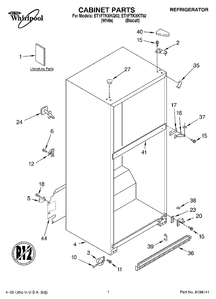 CABINET, LITERATURE Diagram and Parts List for ET1FTKXKT02  Whirlpool Refrigerator
