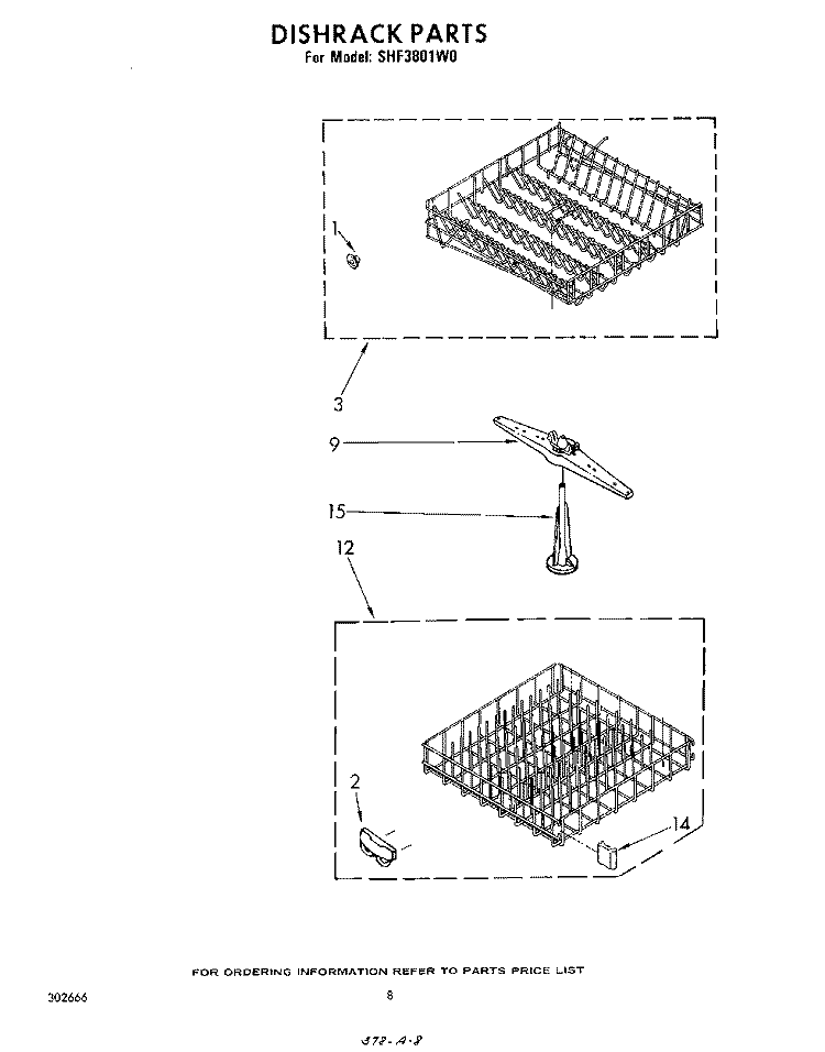 DISHRACK Diagram and Parts List for SHF3801W0  Whirlpool Dishwasher