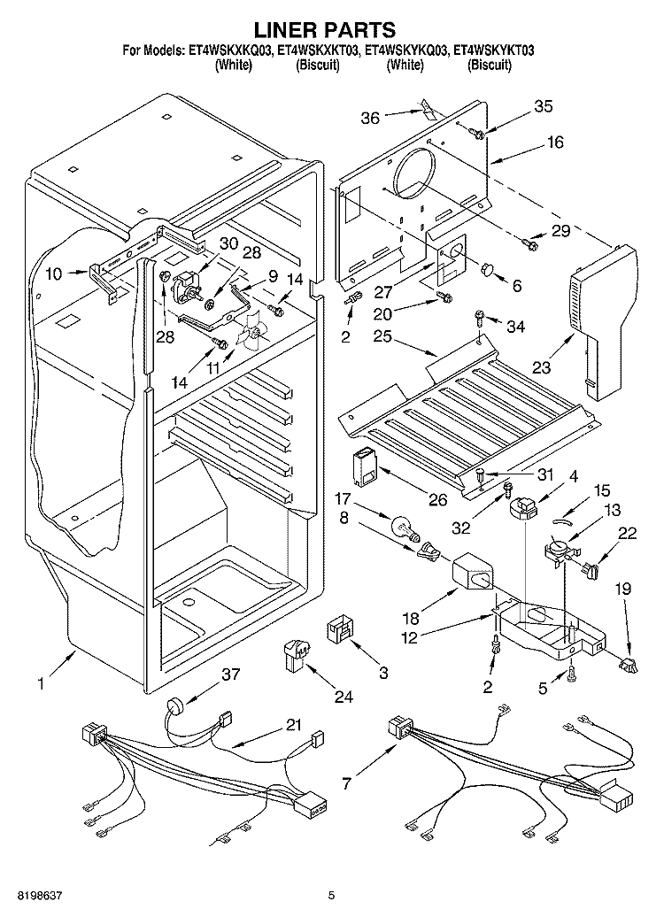 LINER PARTS Diagram and Parts List for ET4WSKYKQ03  Whirlpool Refrigerator